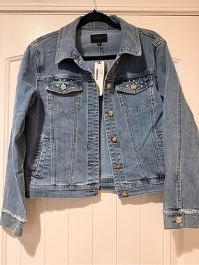 Light Blue Denim Jacket with Pearl Stud Details